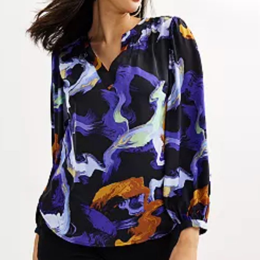 NWT Nine West Y Neck Pintuck Multicolor Marble Blouse